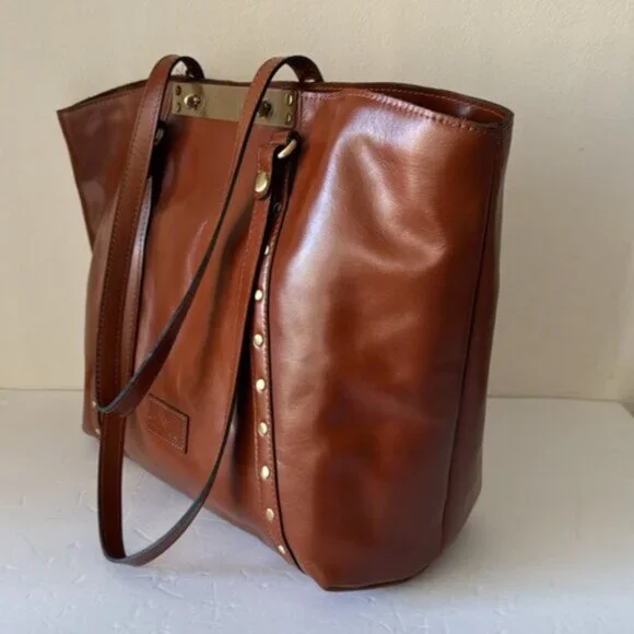 Patricia Nash Benvenuto LeatherStud Shoulder Handbag Tan Brown Shoulder Bags